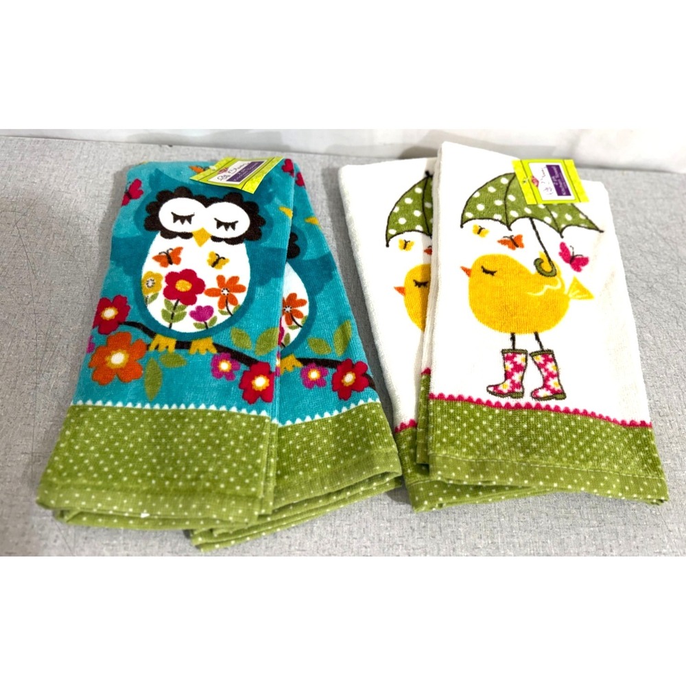 4PK Ritz Brand Full Bloom Bird & Brellie & Hoots & Blooms Owl Kitchen Towels NEW